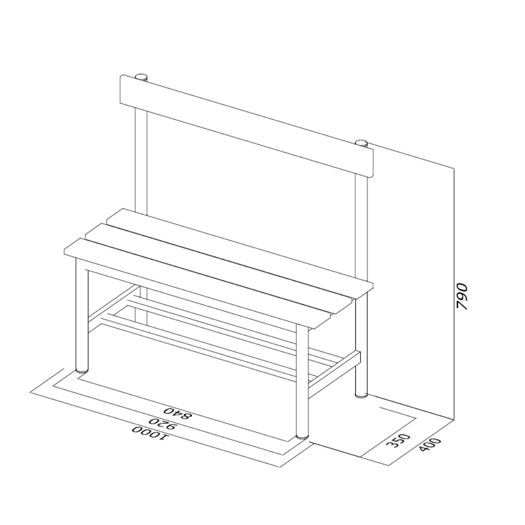 PANCA SPOGLIATOIO – ACCIAIO SEZ. TONDA | SEDUTA + SCHIENALE CON PORTASCARPE