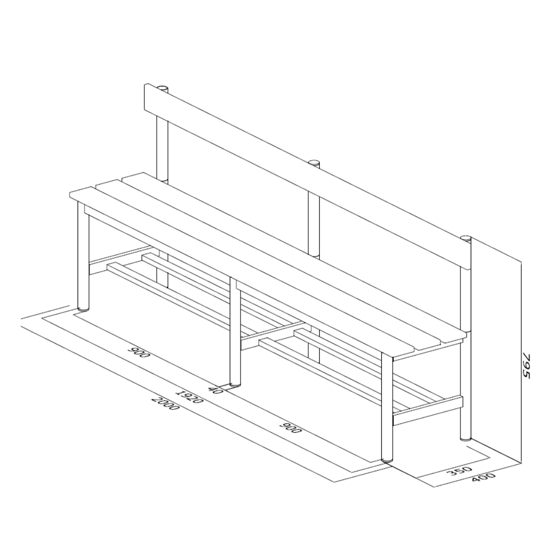 PANCA SPOGLIATOIO – ACCIAIO SEZ. TONDA | SEDUTA + SCHIENALE CON PORTASCARPE