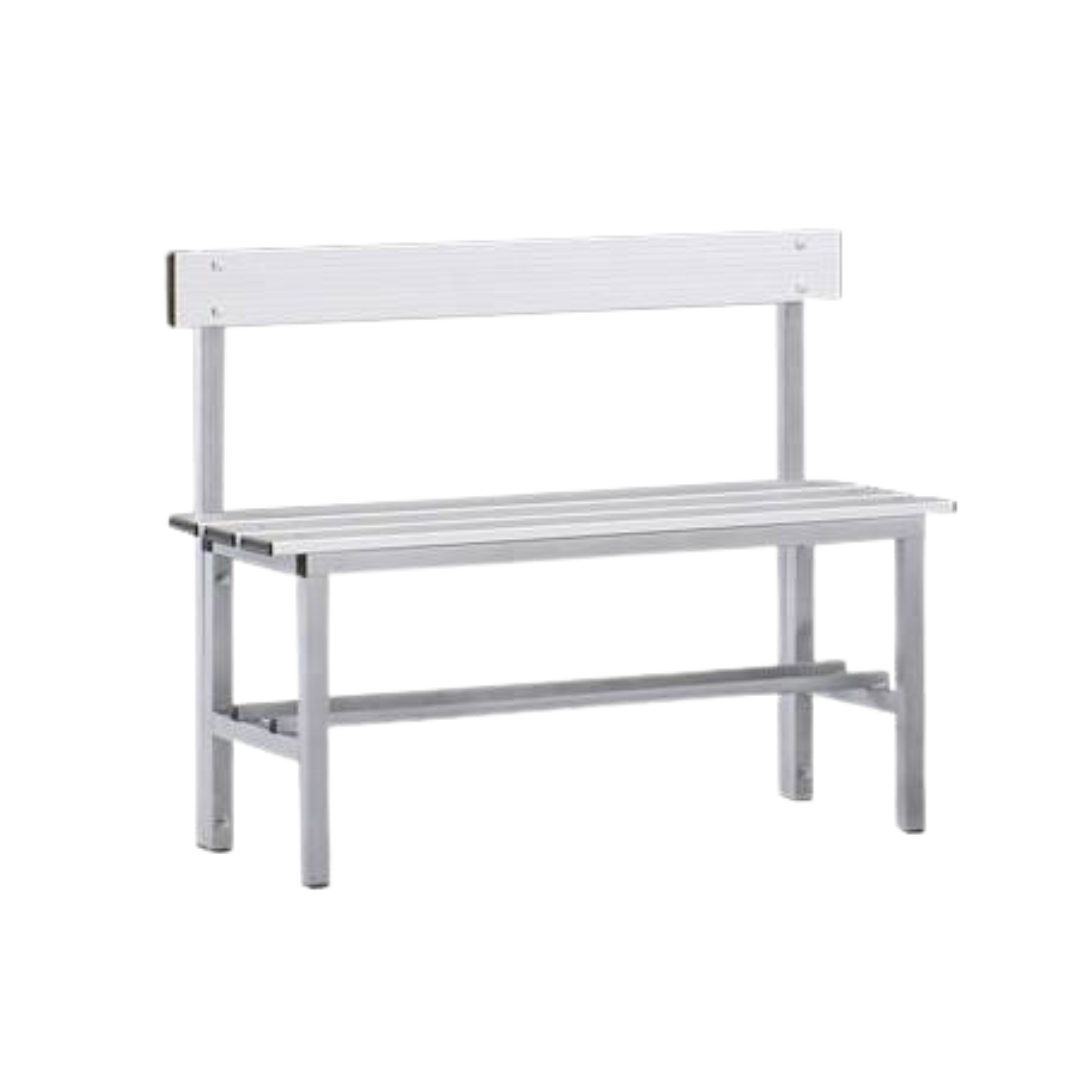 PANCA SPOGLIATOIO – ALLUMINIO SEZ. QUADRA | SEDUTA + SCHIENALE CON PORTASCARPE