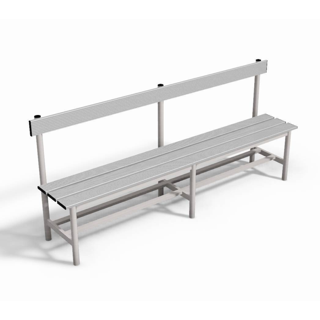 PANCA SPOGLIATOIO – ALLUMINIO SEZ. TONDA | SEDUTA + SCHIENALE CON PORTASCARPE