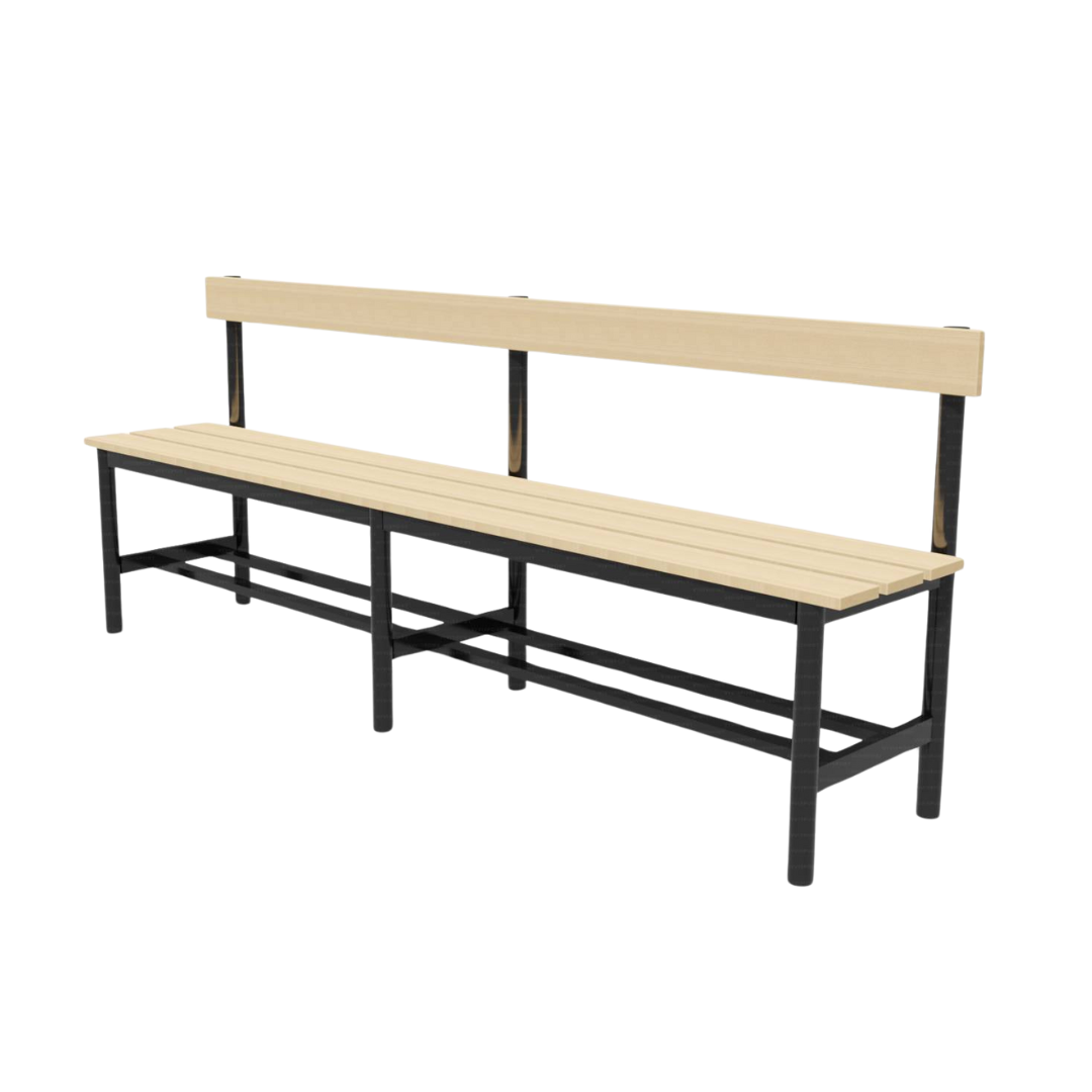 PANCA SPOGLIATOIO – ACCIAIO SEZ. TONDA | SEDUTA + SCHIENALE CON PORTASCARPE