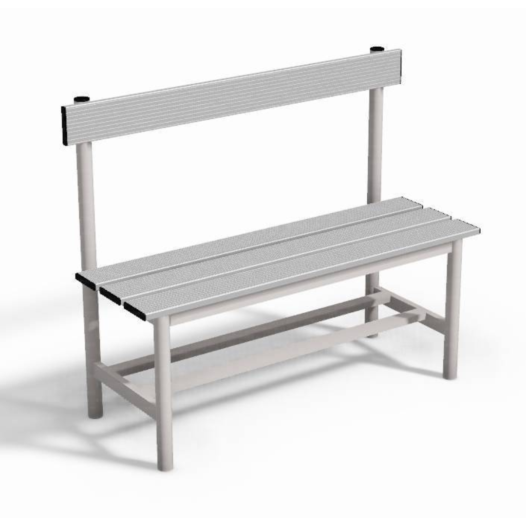 PANCA SPOGLIATOIO – ALLUMINIO SEZ. TONDA | SEDUTA + SCHIENALE CON PORTASCARPE