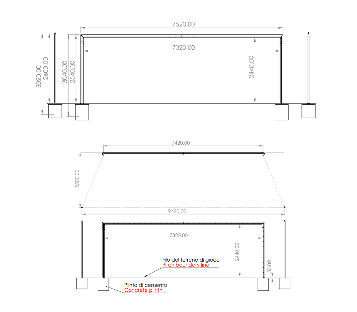 PORTA DA CALCIO 7.32 x 2.44 M – REGOLAMENTARE | REGGIRETE DISTANZIATO