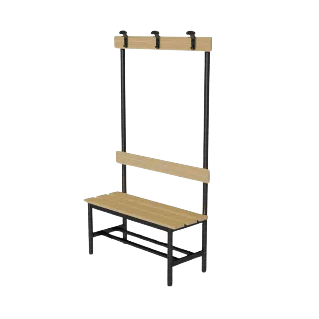 PANCA SPOGLIATOIO – ACCIAIO SEZ. TONDA | CON APPENDIABITI E PORTASCARPE