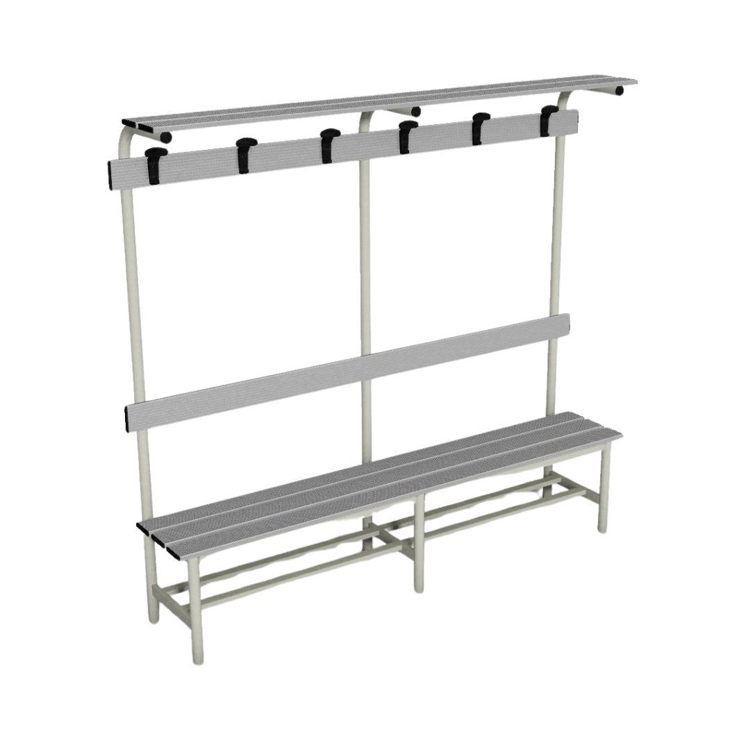 PANCA SPOGLIATOIO – ALLUMINIO SEZ. TONDA | COMPLETA CON APPENDIABITI E PIANOBORSE