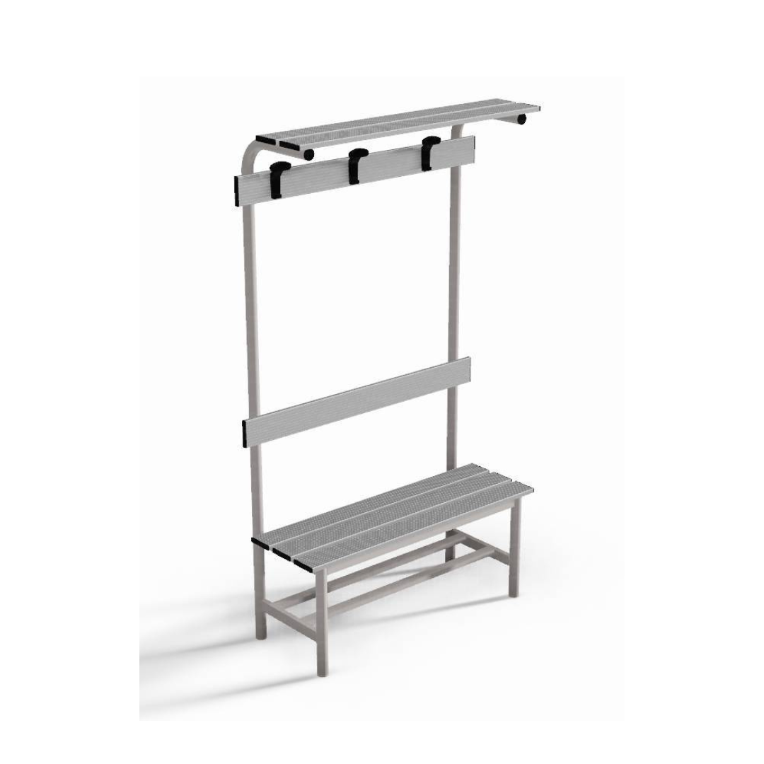 PANCA SPOGLIATOIO – ALLUMINIO SEZ. TONDA | COMPLETA CON APPENDIABITI E PIANOBORSE