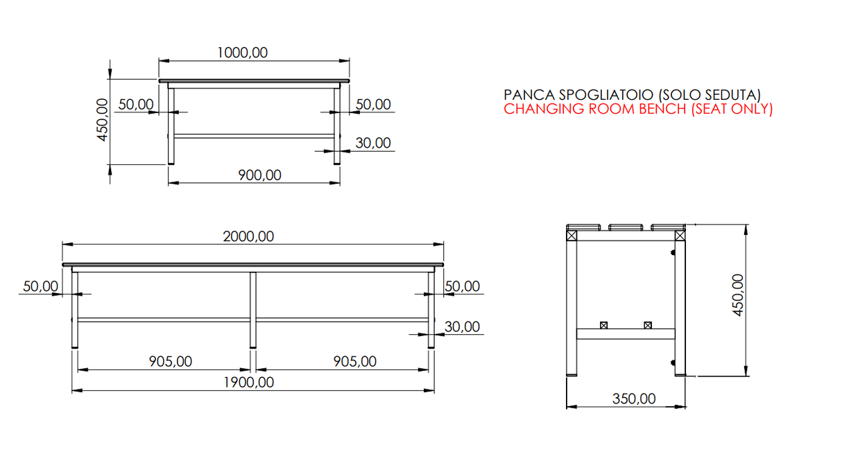 PANCA SPOGLIATOIO – ALLUMINIO SEZ. QUADRA | SOLO SEDUTA CON DOGHE IN HPL