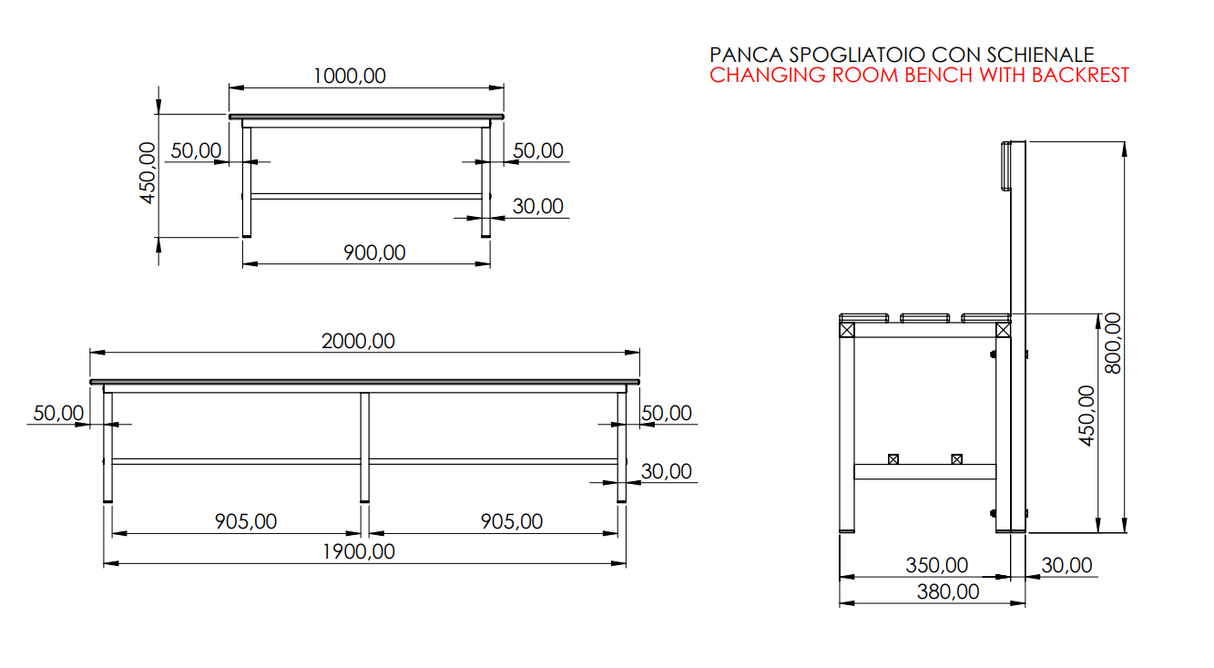 PANCA SPOGLIATOIO – ALLUMINIO SEZ. QUADRA | SEDUTA + SCHIENALE CON PORTASCARPE