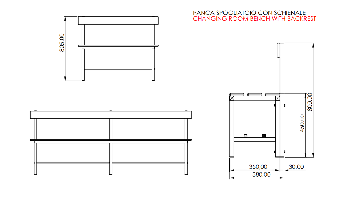 PANCA SPOGLIATOIO – ACCIAIO SEZ. QUADRA | SEDUTA + SCHIENALE CON PORTASCARPE