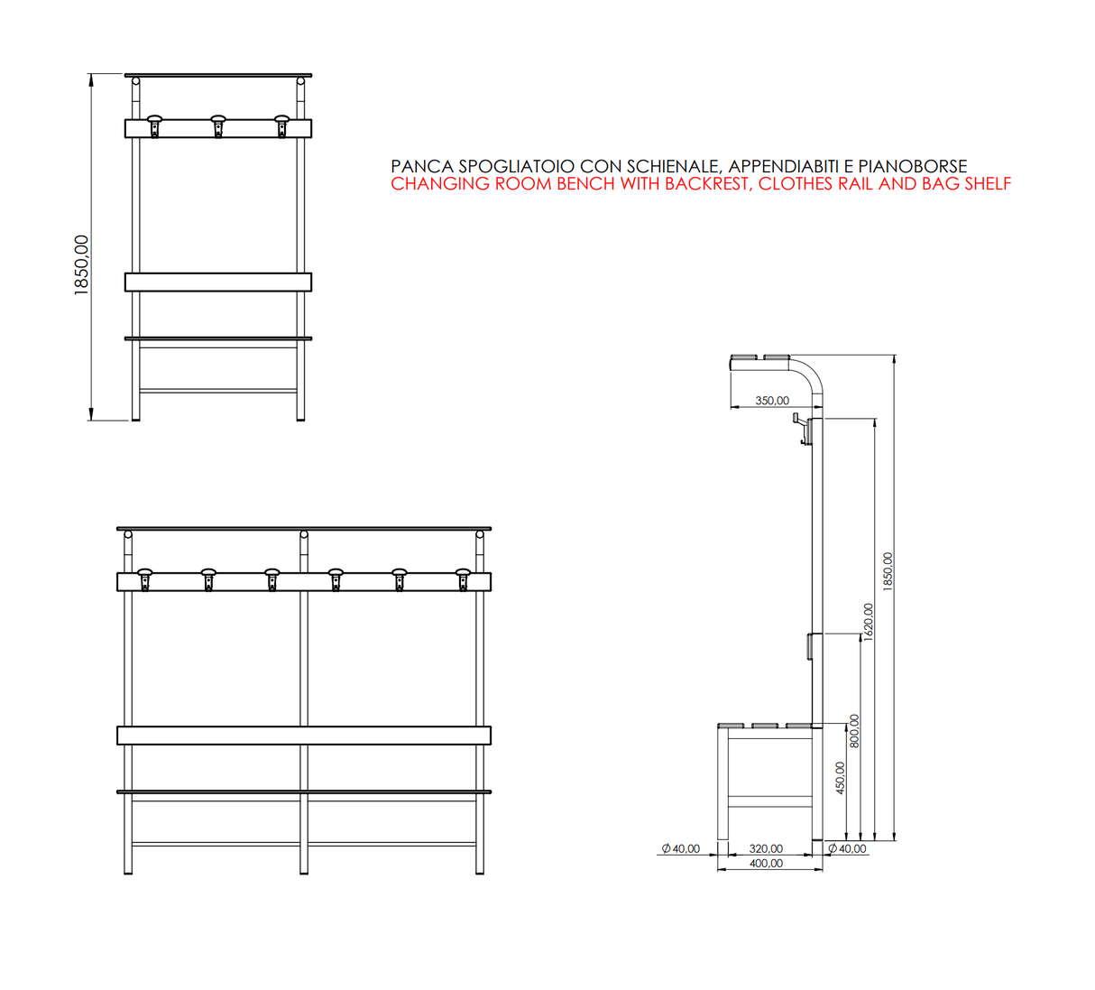 PANCA SPOGLIATOIO – ALLUMINIO SEZ. TONDA | COMPLETA CON APPENDIABITI E PIANOBORSE