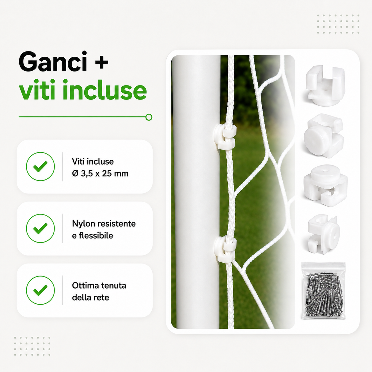 GANCI IN NYLON PER PORTE DA CALCIO E CALCETTO | SET 50 - 100 PEZZI