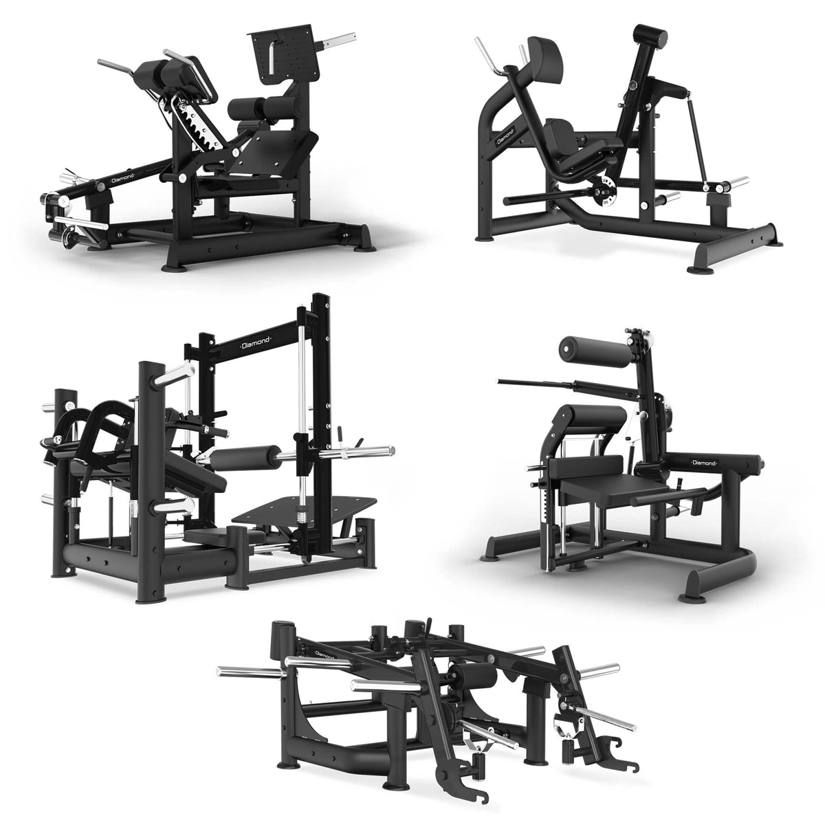 Set 5 Macchine Nere: Dual Hyper Extension - Standing Kick Back Machine - Linear Hip Thrust Machine - Kneeling Back Extension - Squat Lunge Machine | 600 Diamond - PL600-GLUTE5-B