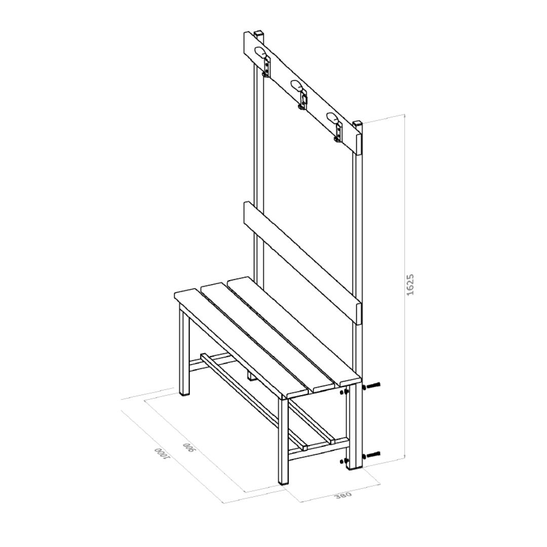 PANCA SPOGLIATOIO – ALLUMINIO SEZ. QUADRA | CON APPENDIABITI E DOGHE IN HPL