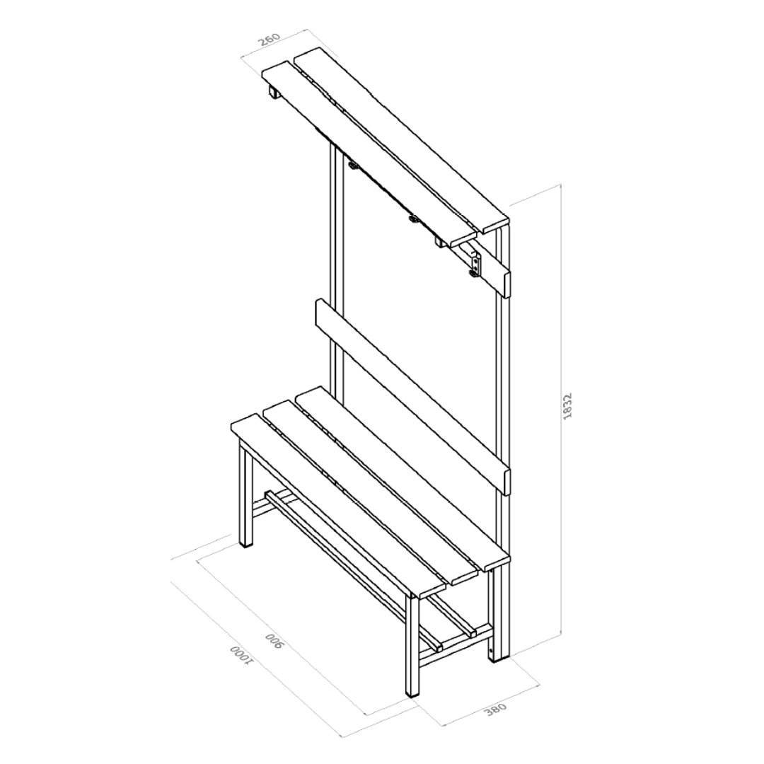 PANCA SPOGLIATOIO – ACCIAIO SEZ. QUADRA | COMPLETA CON APPENDIABITI E PIANOBORSE