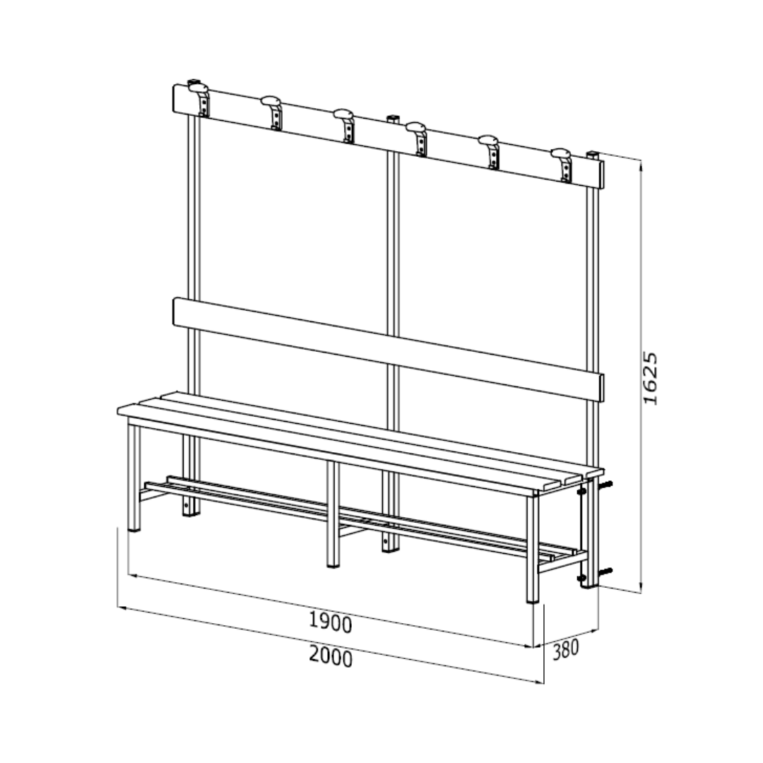 PANCA SPOGLIATOIO – ALLUMINIO SEZ. QUADRA | CON APPENDIABITI E DOGHE IN HPL