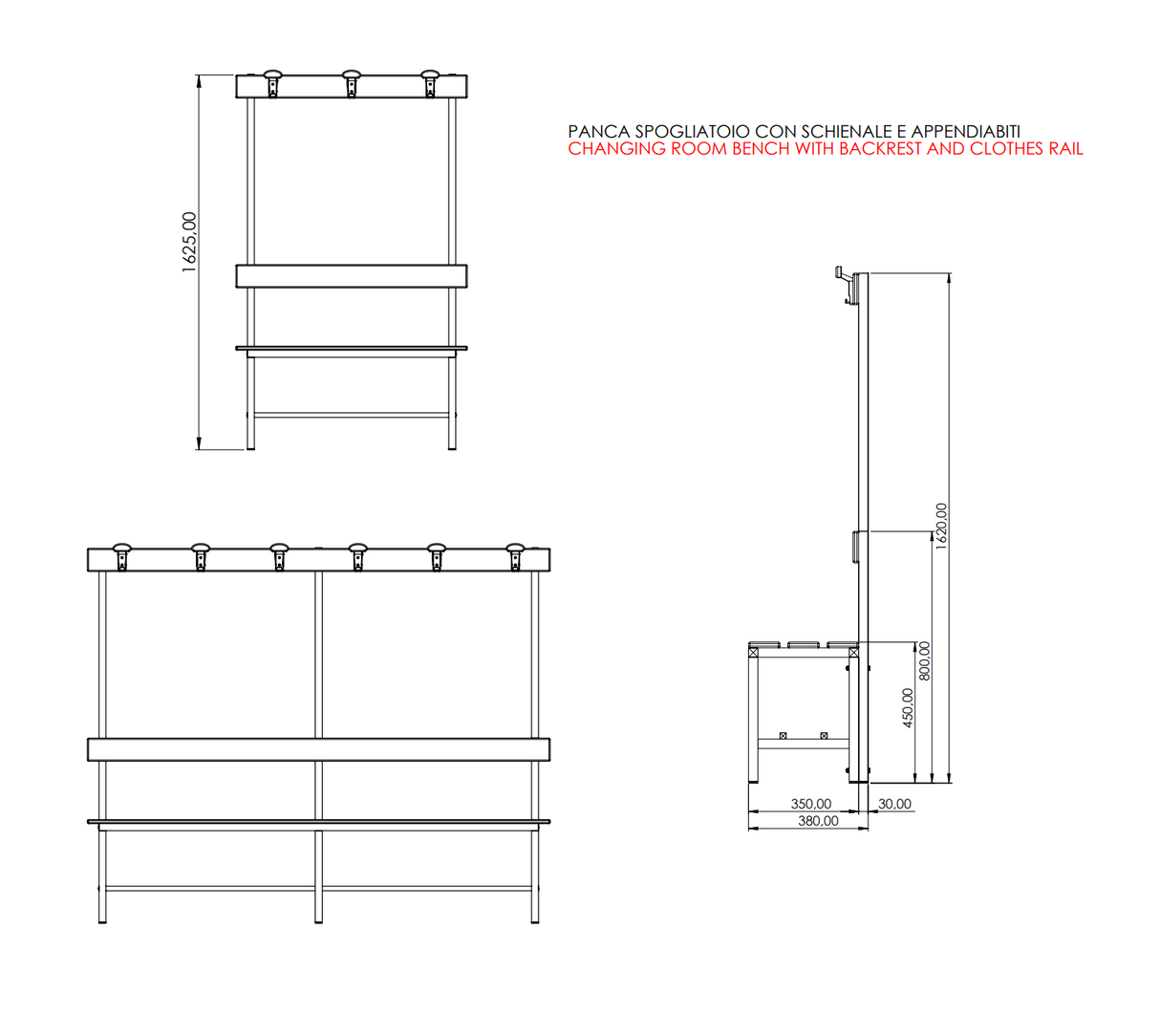 PANCA SPOGLIATOIO – ALLUMINIO SEZ. QUADRA | CON APPENDIABITI E PORTASCARPE