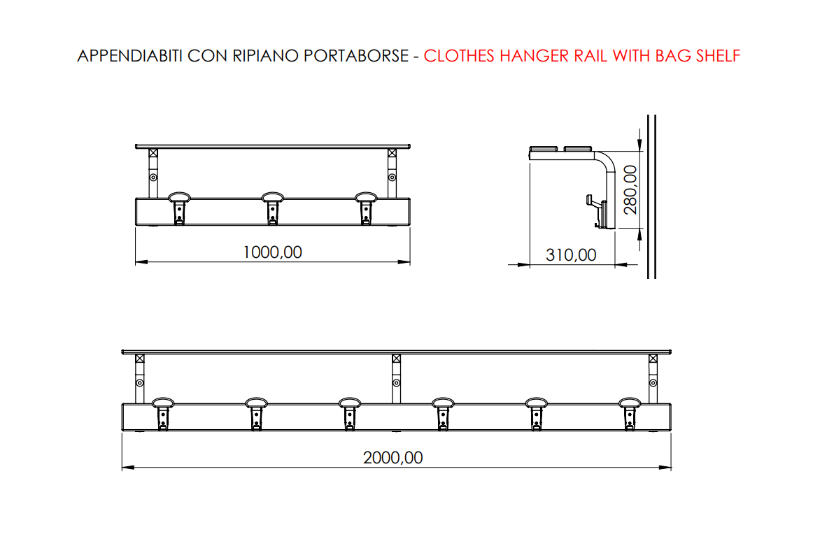 APPENDIABITI A PARETE – ALLUMINIO SEZ. QUADRA | CON RIPIANO PORTABORSE