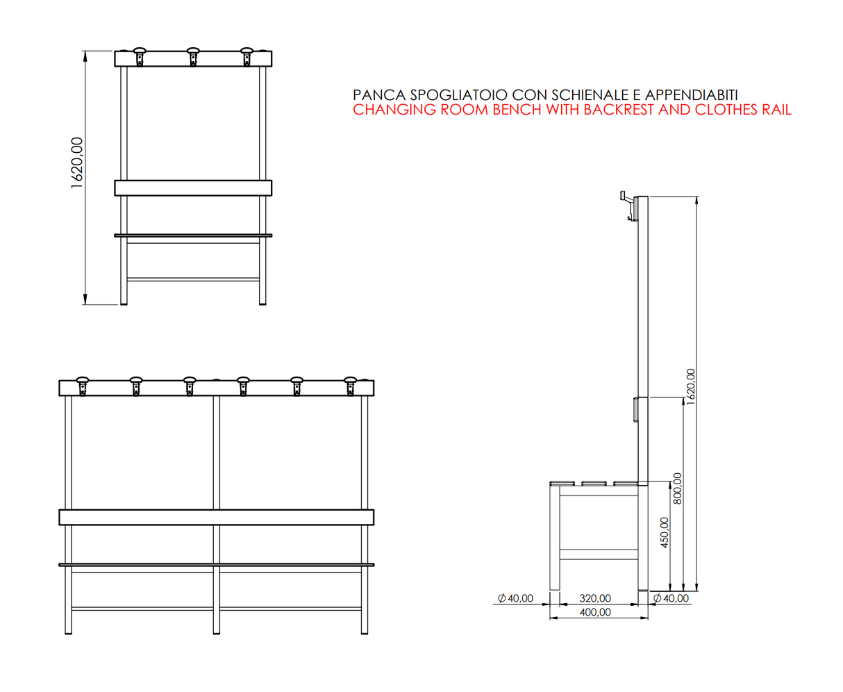 PANCA SPOGLIATOIO – ALLUMINIO SEZ. TONDA | CON APPENDIABITI E PORTASCARPE