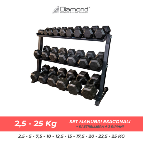 SET MANUBRI ESAGONALI CON RASTRELLIERA | 2,5 - 25 KG